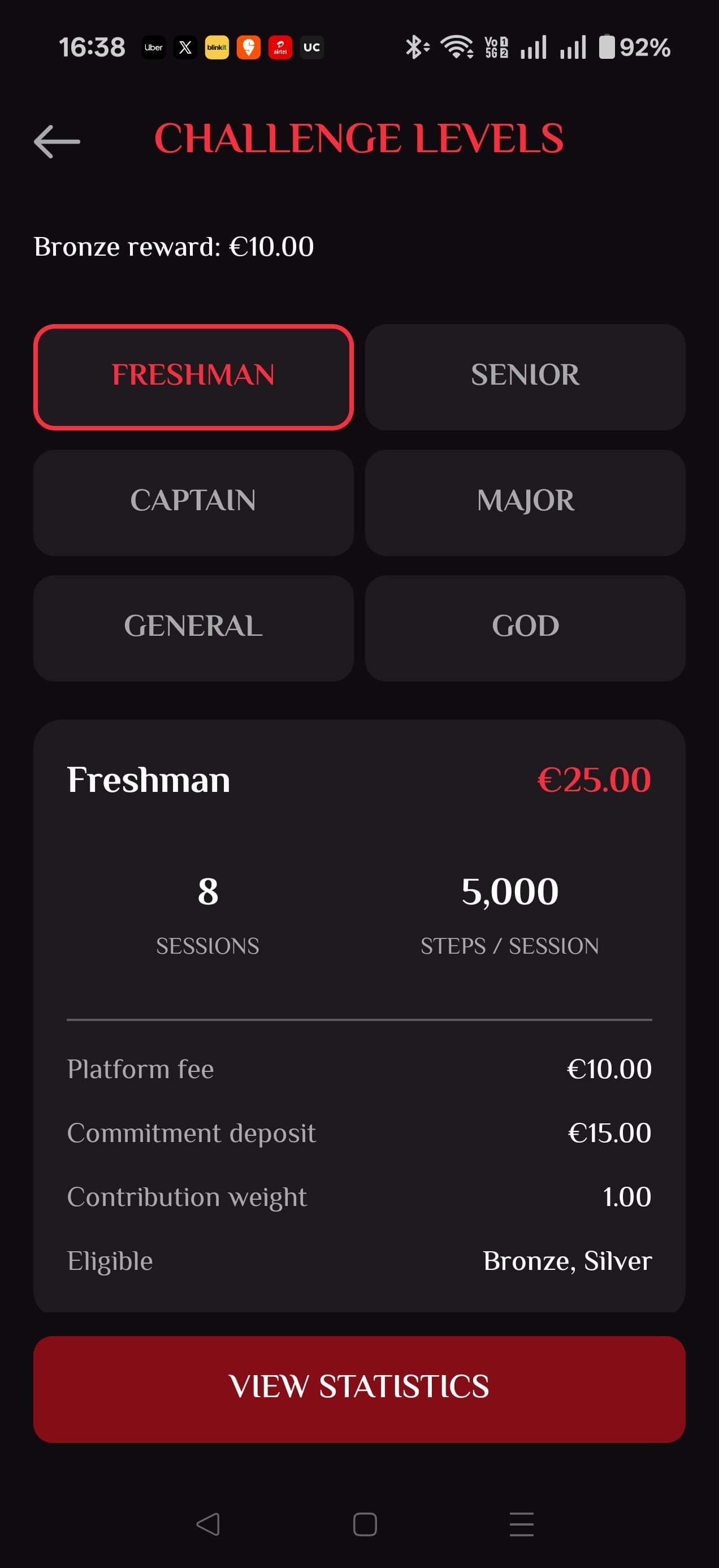 Spartan app Challenge Levels screen, showing Freshman, Senior, Captain, Major, General and God tiers with sessions, steps and pricing