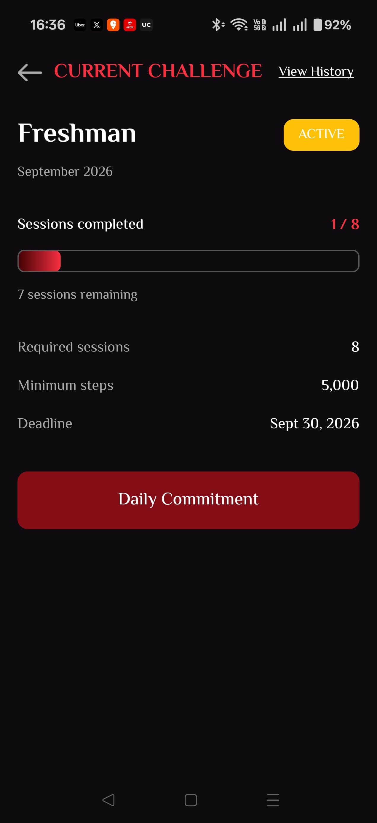 Spartan app Daily Commitment screen