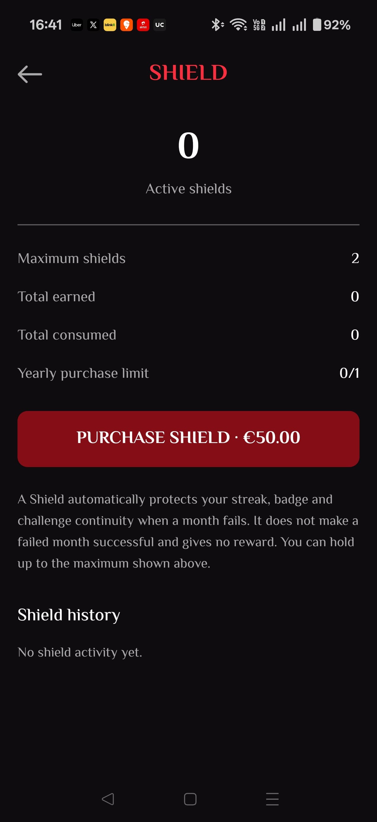Spartan app Shield screen showing active shields and the option to purchase one